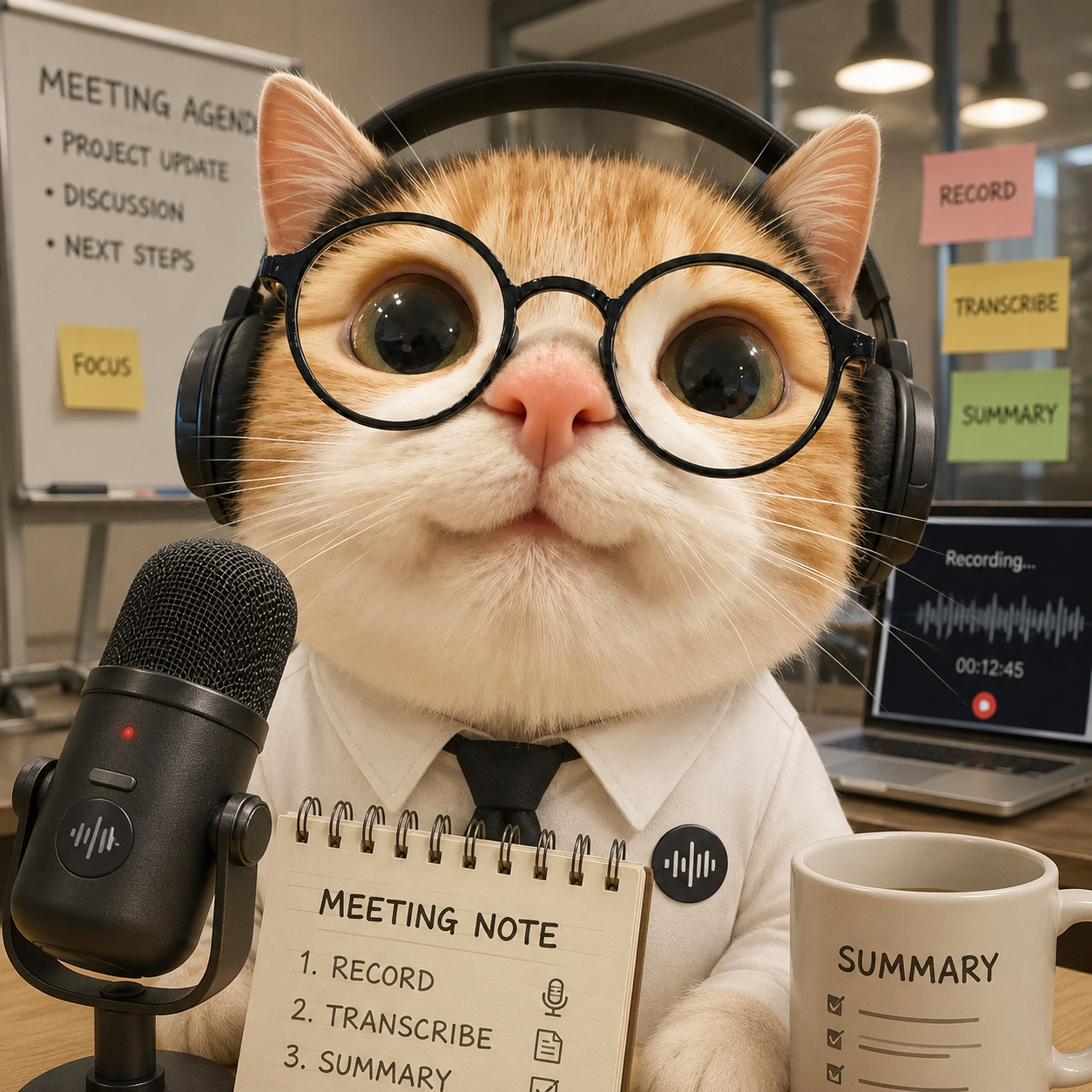 헤드폰과 안경을 쓴 Meowting 마스코트 고양이